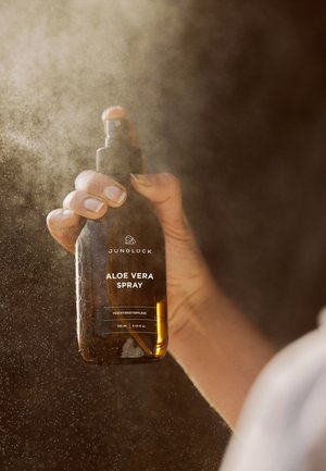 Eine braune Plastikflasche mit einer schwarzen Sprühdüse, beschriftet mit "ALOE VERA SPRAY", gehalten in einer Hand mit einer strukturierten Oberfläche und umgeben von feinem Nebel.