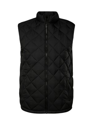 Gilet matelassé noir avec col montant, fermeture éclair à l'avant et poches latérales. La texture est lisse, avec un surpiquage en forme de diamant sur l'ensemble.