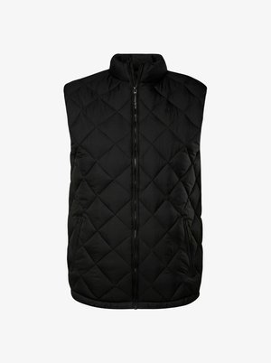 Černá prošívaná vesta s výstřihem, předním zipem a bočními kapsami. Textura je hladká, s diamantovým prošíváním po celé ploše.