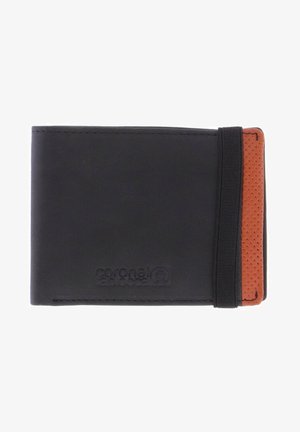 Cartera de cuero negro con acentos perforados en naranja, que cuenta con una banda elástica para un cierre seguro. Logotipo grabado en la esquina inferior izquierda.
