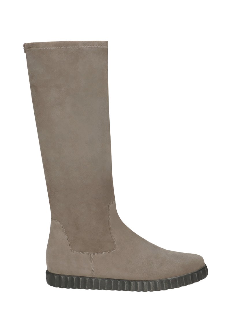 Knee-high taupe suede boot with a rounded toe, minimal stitching, and a textured black rubber sole. Smooth surface and sleek design.
