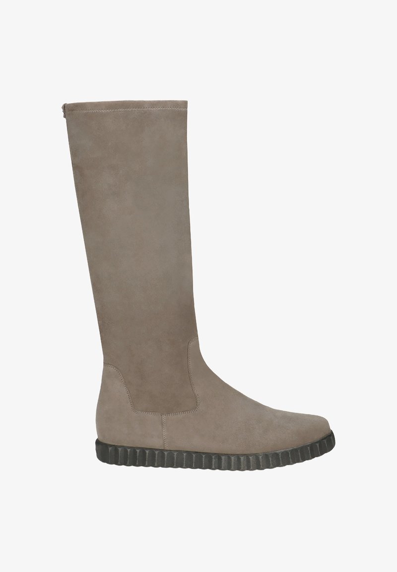 Knee-high taupe suede boot with a rounded toe, minimal stitching, and a textured black rubber sole. Smooth surface and sleek design.