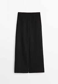 Jupe noire taille haute à coupe droite avec une fente sur le devant, en tissu épais, présentée à plat sur un fond blanc.