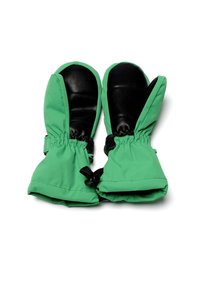 Moufles vertes et noires avec un tissu extérieur doux, des poignets élastiques et un cordon réglable pour un ajustement sécurisé. Paumes en cuir et doublure isolante.