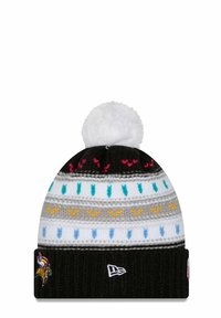 Beanie lavorato a maglia in nero, grigio e bianco con motivi colorati e un pom-pon bianco sulla parte superiore. Presenta il logo di un vichingo sul risvolto.