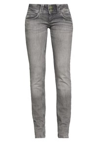 Slim fit jeans i mörkgrå denim, med en klassisk femfickdesign, dubbelknäppning med gröna accenter och en blekt textur.