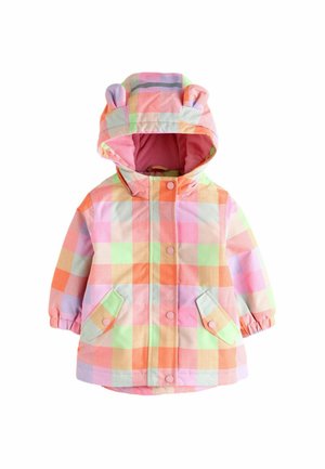 Colorful checked rain jacket featuring a pink, green, and orange pattern, with a hood and bear ears, snap buttons, and side pockets.