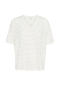 White V-neck t-shirt made of textured fabric with short sleeves. Features subtle horizontal stripes and a relaxed fit.