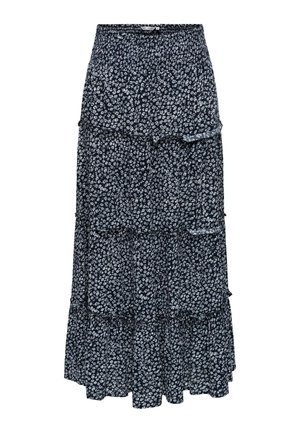 Falda larga azul marino con volantes, estampado de pequeñas flores blancas y cintura elástica.