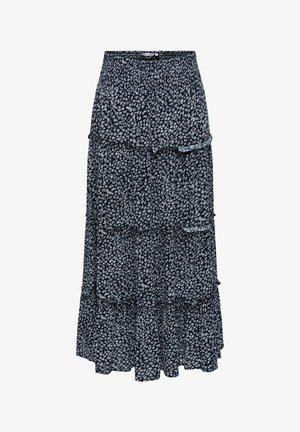 Falda larga azul marino con volantes, estampado de pequeñas flores blancas y cintura elástica.