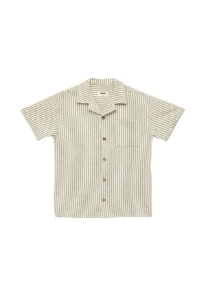 Beige kortærmet skjorte med knapper, med vertikale brune striber og en brystlomme, lagt fladt på en hvid baggrund.