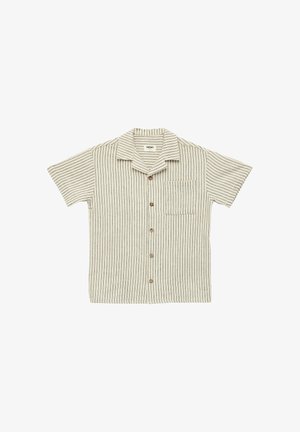 Beige kortærmet skjorte med knapper, med vertikale brune striber og en brystlomme, lagt fladt på en hvid baggrund.