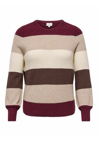 Rundhals-Pullover mit breiten horizontalen Streifen in Burgunderrot, Beige, Creme und Braun, mit langen puffartigen Ärmeln und gerippten Bündchen.