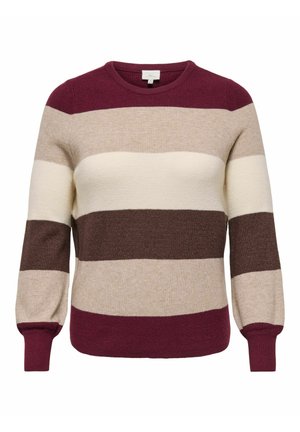Ronde hals trui met brede horizontale strepen in bordeaux, beige, crème en bruin, met lange pofmouwen en geribbelde manchetten.