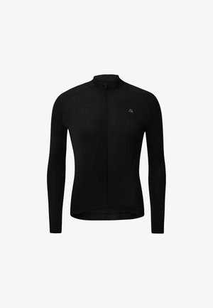 Camiseta de ciclismo negra de manga larga con cremallera completa en la parte delantera y pequeño logo reflectante en la parte superior izquierda del pecho.