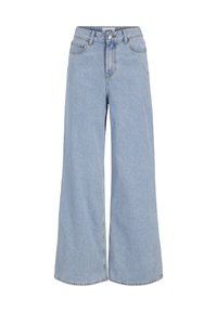 Světle modré volné džínové kalhoty s vysokým pasem, vyrobené z denimu. Obsahují zapínání na knoflík a zip, pět kapes a prošívané detaily.