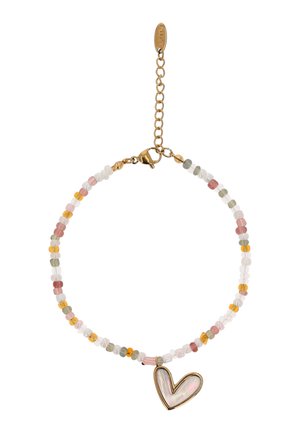 Perlearmbånd med rosa, hvide, gule og grønne perler, med en hjerteformet morfar af perlemor i guldramme og guldlås.