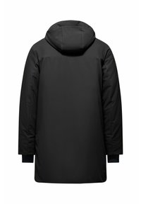 Parka nera con cappuccio, caratterizzata da una finitura liscia e opaca. Il design include maniche lunghe e un orlo inferiore leggermente svasato.
