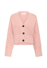 Růžový zkrácený cardigan vyrobený z texturované látky s výstřihem do V, žebrovanými manžetami a třemi černými knoflíky vpředu.