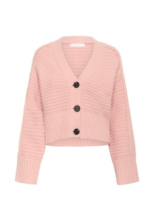 Pink cropped cardigan made of textured fabric with a V-neck, ribbed cuffs, and three black buttons down the front.