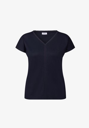 Zwarte T-shirt met korte mouwen en V-hals, gemaakt van zachte stof met een centrale stiksel detail. Comfortabele pasvorm met een gladde textuur.