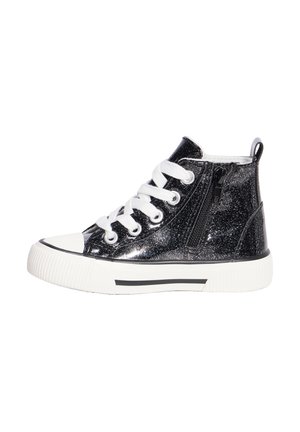 Sneakers alto neri con glitter, lacci bianchi, zip laterale e suola in gomma. Texture liscia con finitura lucida e accenti bianco e nero.