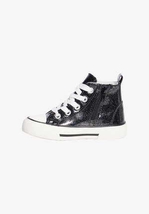 Black glitter high-top sneakers with white laces, side zipper, and rubber sole. Smooth texture with shiny finish and black-and-white accents.