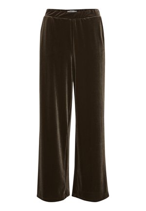 Hnědé sametové kalhoty s širokým střihem a elastickým pasem, hladká textura a volný silueta, vhodné pro nenáročné nebo uvolněné nošení.