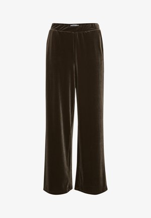 Brązowe aksamitne spodnie z szerokimi nogawkami i elastycznym pasem, o gładkiej fakturze i swobodnym kroju, idealne na codzienne lub luźniejsze okazje.