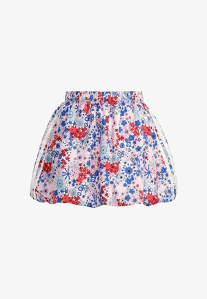 Bloemenrok met een roze achtergrond, met blauwe en rode bloemen. Elastische tailleband en witte zij-accenten. Uitlopende pasvorm, lichtgewicht stof.