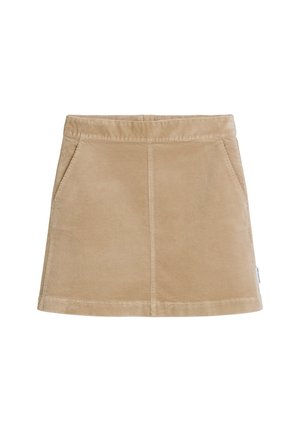 Bruine corduroy rok met een aangesloten pasvorm, zakken aan de voorkant en een gladde textuur. De stof heeft subtiele ribbelige lijnen over het hele oppervlak.