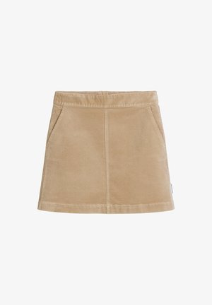 Bruine corduroy rok met een aangesloten pasvorm, zakken aan de voorkant en een gladde textuur. De stof heeft subtiele ribbelige lijnen over het hele oppervlak.