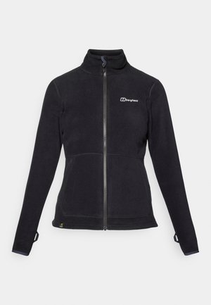 Črna flis zapenjajoča jakna z visokim ovratnikom, ki ima majhen logo na levi strani in elastične manšete za tesno prileganje. Strukturirano blago, brez vzorcev.