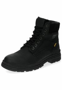 Bottines en cuir noir avec une finition texturée, dotées d'œillets en métal, de lacets noirs et d'un accent jaune sur le côté. Semelle en caoutchouc.