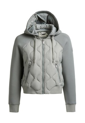 Light gray quilted zip-up hoodie with solid sleeves, drawstrings, and two zippered front pockets.