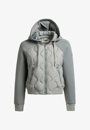Light gray quilted zip-up hoodie with solid sleeves, drawstrings, and two zippered front pockets.