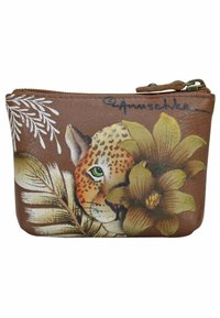 Braune Leder Tasche mit dem Gesicht eines Leoparden und einem Blumendesign. Mit Reißverschluss und kunstvollen Details entlang der Kanten.