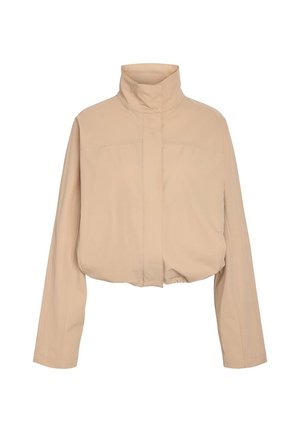 Veste courte beige avec col montant, manches longues et fermeture avant dissimulée, présentée sur un fond blanc.