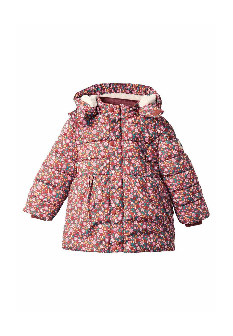 Giacca a vento puffa rosa con cappuccio, con un design trapuntato, bottoni a pressione e foderatura in pile al colletto e ai polsini.