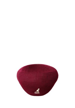 Burgundy Kangol knitted hat with textured pattern and white kangaroo logo centered at the bottom front.