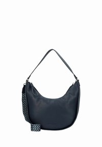 Bolso de hombro de cuero azul marino con forma curva y detalle de correa trenzada. Cuenta con cierre de cremallera y textura suave.
