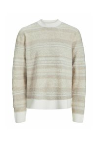 Crème-kleurige trui met horizontale lichtbeige strepen, ronde hals, geribde mouwen en onderkant, textuurstof, zachte feel, relaxte pasvorm.