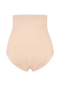 Naadloze hoog-getailleerde shaping shorts in licht nude stof. Heeft een gladde textuur zonder zichtbare naden of patronen.