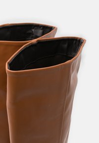 Gros plan sur les ouvertures supérieures de longues bottes en cuir marron avec un revêtement intérieur noir sur fond blanc.