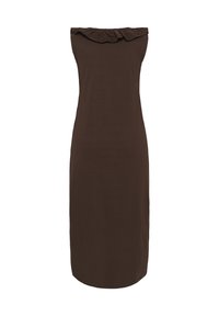 Robe midi sans manches marron foncé avec un col montant à volants et une silhouette droite.