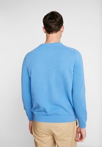 Pull en tricot bleu clair avec un col rond, une finition texturée, des poignets et un ourlet côtelés. Porté avec un pantalon de couleur claire.