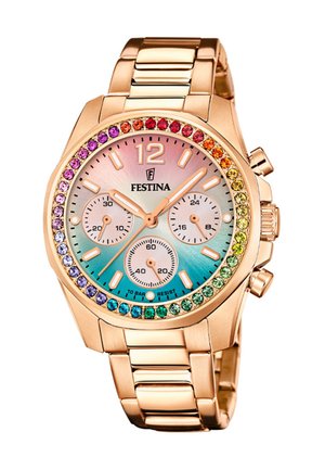 Orologio da polso Festina in oro rosa con lunetta incastonata di gemme arcobaleno, quadrante sfumato dal blu al rosa, tre quadranti secondari e bracciale a maglie in metallo oro rosa.