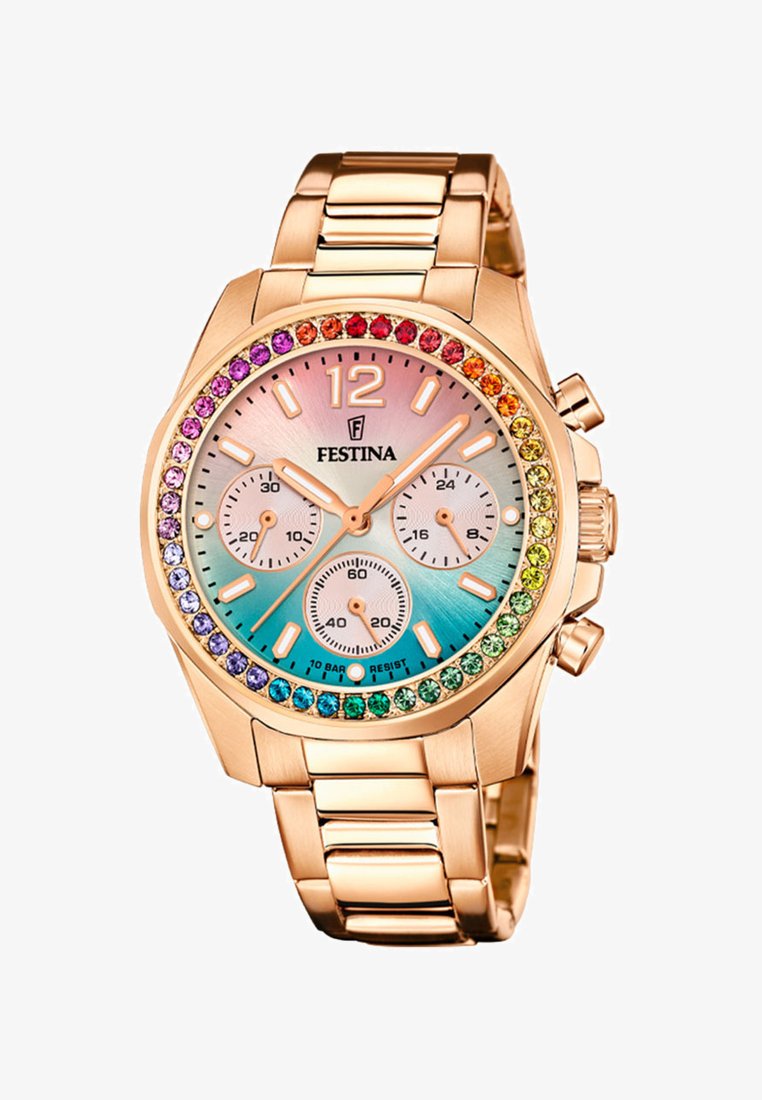 Rosaguldfarvet Festina-armbåndsur med regnbuefarvet gemstensramme, urskive med gradient fra blå til pink, tre underskiver og rosaguldfarvet metalarmbånd.