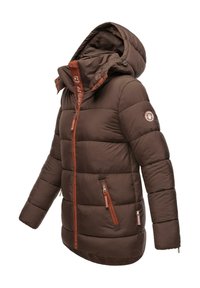 Brown puffer jacket with a hood, featuring contrasting orange zippers and a logo patch on the sleeve. Smooth texture and quilted design.
