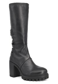 Stivale in pelle nera fino al ginocchio con tacco spesso, design elegante, finitura texture e cinghie decorative laterali. Suola in gomma con motivo antiscivolo.